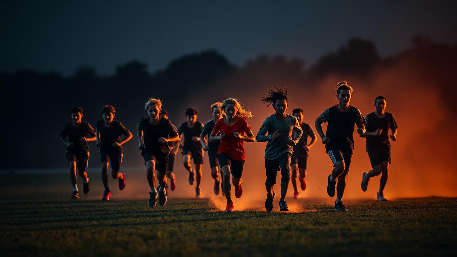 Athletes training at sunset